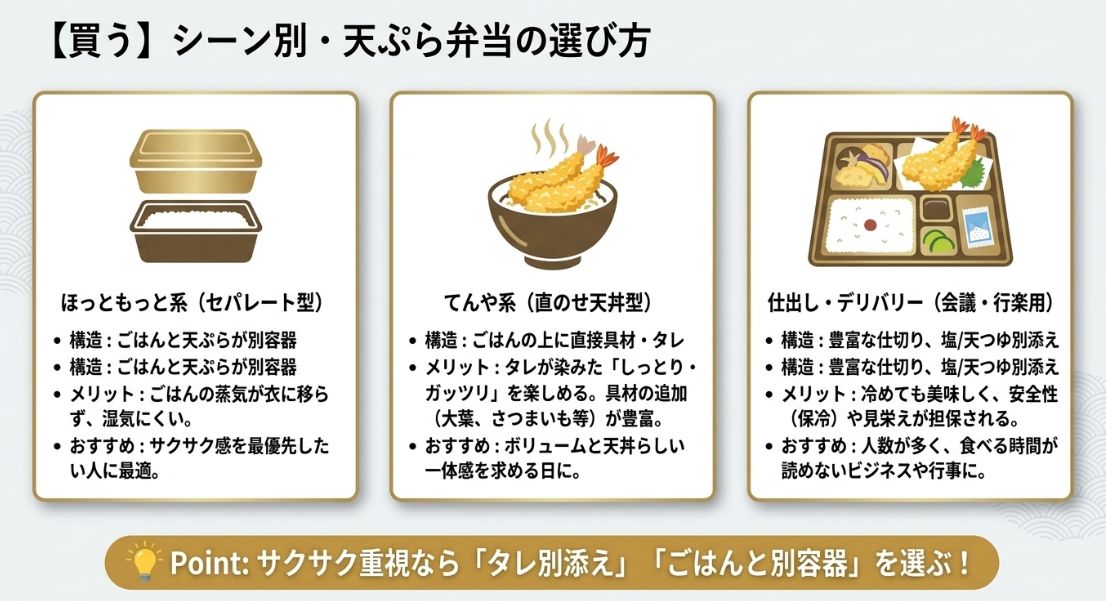 【買う】シーン別・天ぷら弁当の選び方。ほっともっと(セパレート型)、てんや(直のせ天丼型)、仕出し・デリバリーのそれぞれの構造とメリット、おすすめな人を比較したスライド。