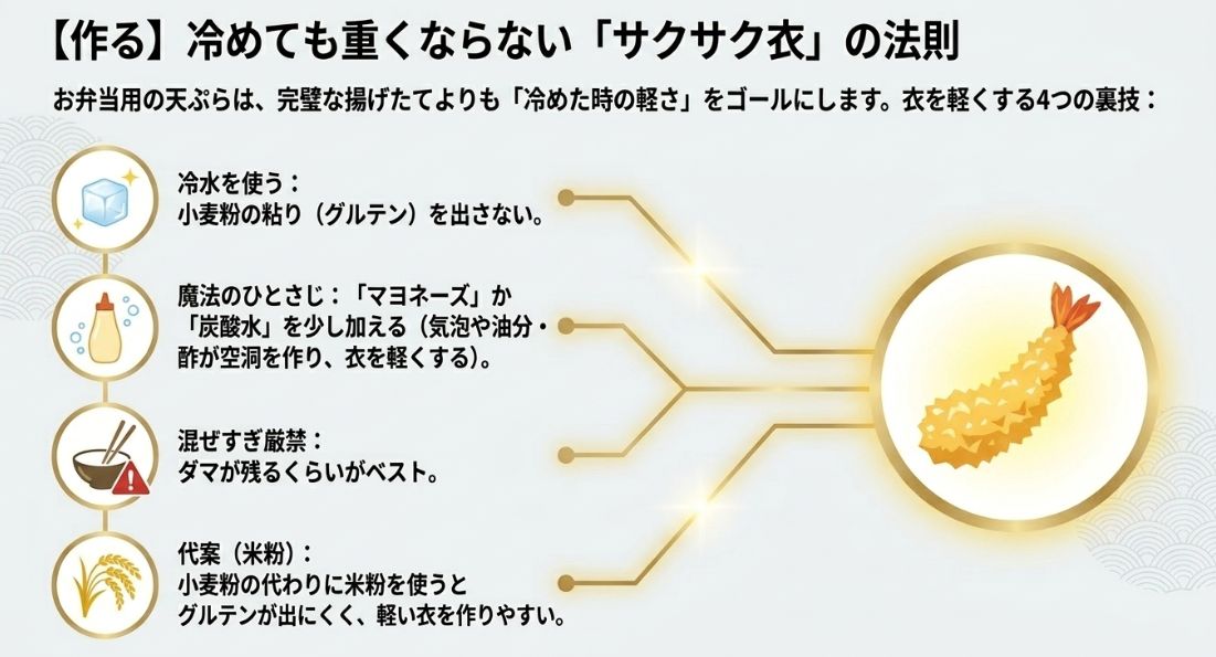【作る】冷めても重くならない「サクサク衣」の法則。冷水を使う、マヨネーズか炭酸水を加える、混ぜすぎ厳禁、米粉を代用するなどの調理のコツをまとめたスライド。