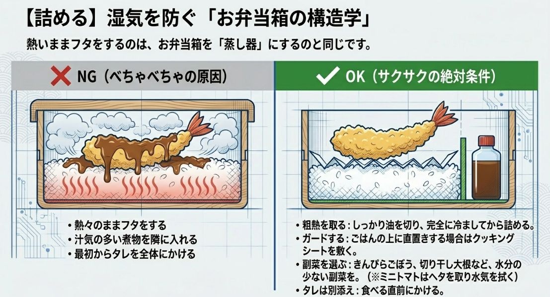 【詰める】湿気を防ぐ「お弁当箱の構造学」。熱いままフタをするNG例と、粗熱を取る、クッキングシートを敷く、汁気を切るなどのOK例を比較した図解スライド。