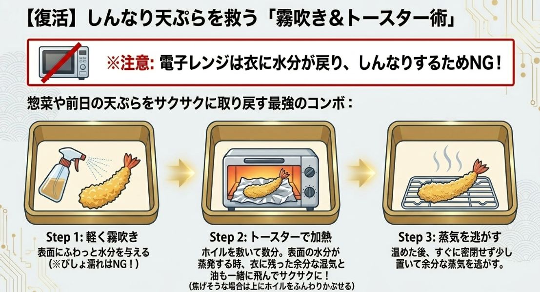 【復活】しんなり天ぷらを救う「霧吹き&トースター術」。軽く霧吹きをする、トースターで加熱する、蒸気を逃がすの3ステップを図解したスライド。電子レンジはNGとの注意書きあり。