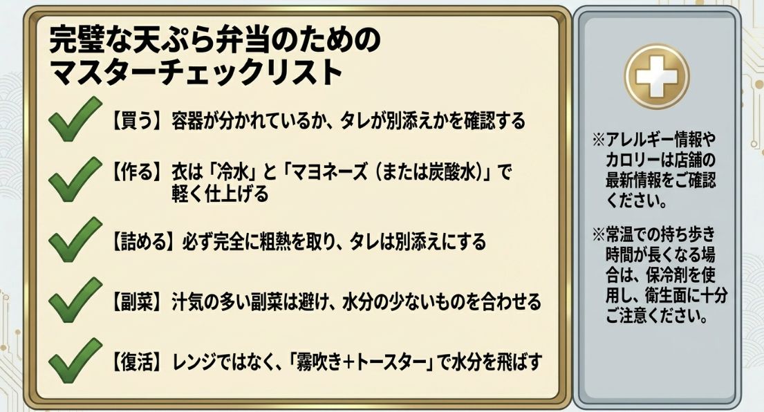 完璧な天ぷら弁当のためのマスターチェックリスト。買う、作る、詰める、副菜、復活の各ポイントのおさらいと、アレルギーや衛生面への注意喚起をまとめたスライド。