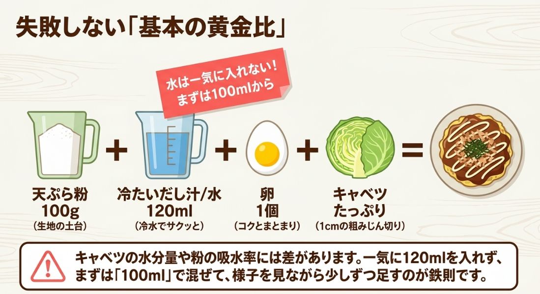 天ぷら粉100g、水120ml、卵1個、キャベツたっぷりの配合図。水は一気に入れず、まずは100mlから様子を見るという重要なコツが強調されている。