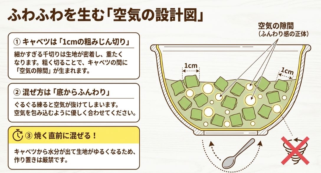 キャベツを1cmの粗みじんに切り「空気の隙間」を作ること、底からふんわり混ぜること、焼く直前に混ぜることの3つの重要性を解説したイラスト。