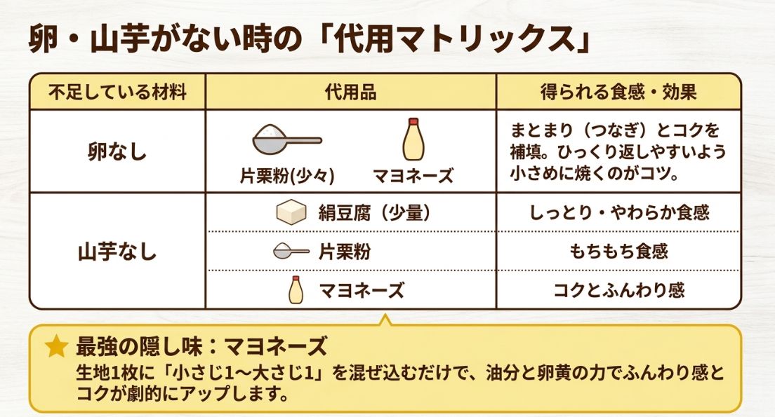 卵の代わりに片栗粉やマヨネーズ、山芋の代わりに絹豆腐や片栗粉を使う場合の、得られる食感とコツをまとめた一覧表。