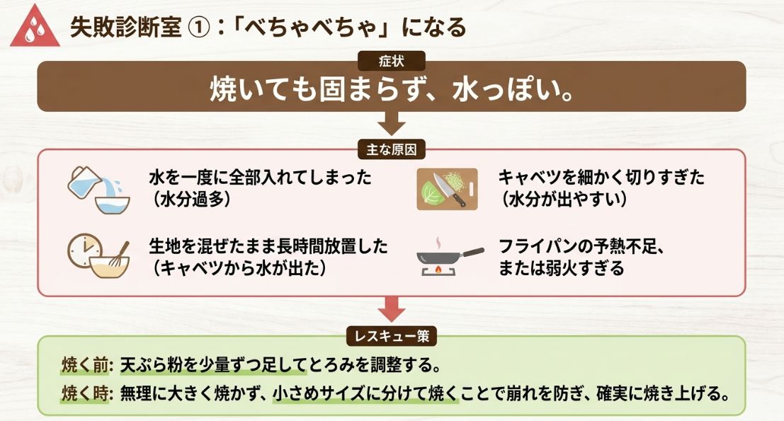 水分過多や放置、予熱不足などの原因チェックリストと、粉を足して調整したり小さく分けて焼いたりする解決策をまとめたスライド。