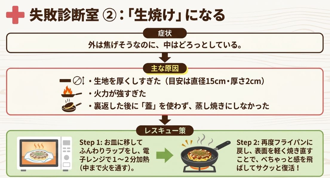 厚すぎ・強火すぎといった原因と、電子レンジで中まで火を通してからフライパンで表面を焼き直す「復活ステップ」の解説図。