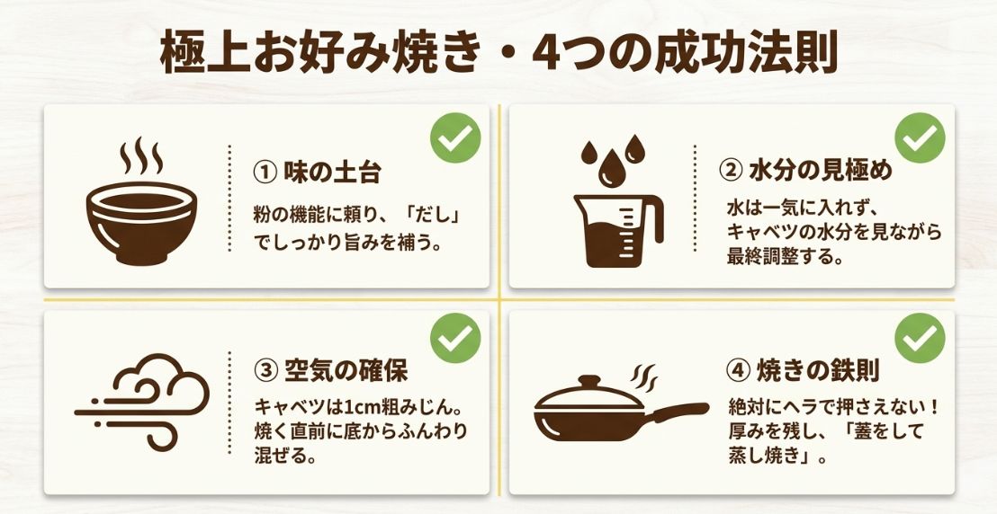 味の土台、水分の見極め、空気の確保、焼きの鉄則という、この記事の全エッセンスを4項目に凝縮してまとめた最終確認スライド。