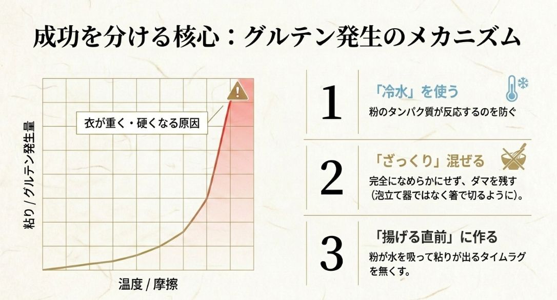 グルテン(粘り)の発生を抑えるためのポイント(冷水、ざっくり混ぜる、直前調理)と、温度・摩擦の関係を示すグラフ