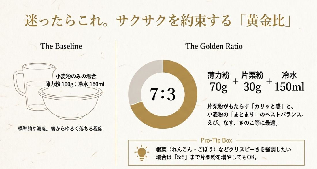 薄力粉100gに対して冷水150ml、または薄力粉と片栗粉を7:3で混ぜる黄金比の解説