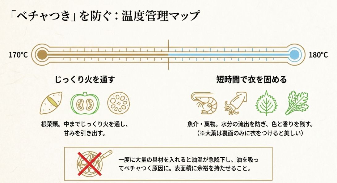 根菜類は170℃でじっくり、魚介・葉物は180℃で短時間という、食材に応じた揚げ温度の使い分けガイド