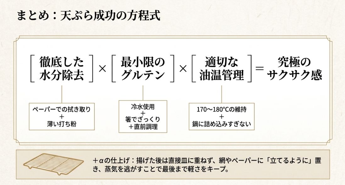 水分除去、最小限のグルテン、適切な油温管理を掛け合わせた、天ぷらをサクサクにするための最終まとめ