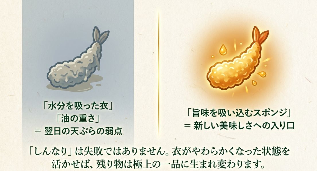 水分を吸った衣を失敗ではなく、旨味を吸い込むスポンジとして活かす考え方を説明したスライド
