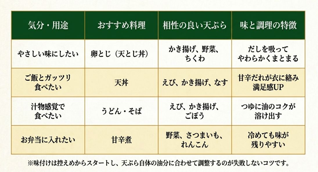 気分や用途に合わせて、卵とじ、天丼、うどん・そば、甘辛煮の特徴と相性の良い天ぷらをまとめた一覧表