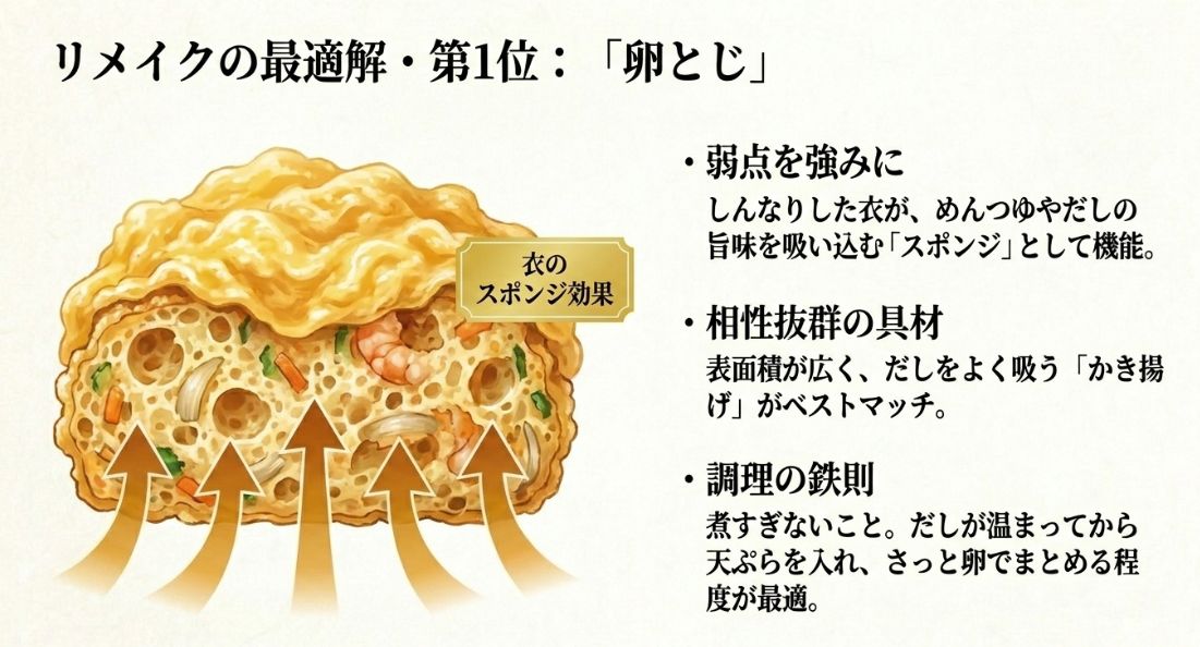  天ぷらリメイク第1位である卵とじについて、衣のスポンジ効果や調理の鉄則を解説したスライド  