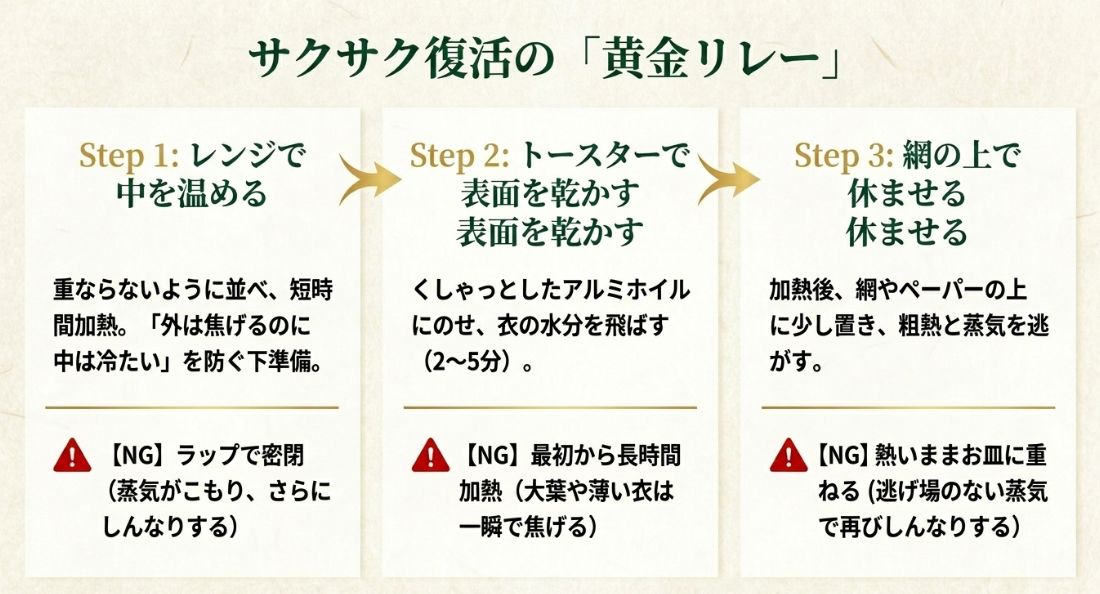 レンジで中を温め、トースターで表面を乾かし、網の上で休ませるという、天ぷらをサクサクに復活させる3ステップの解説