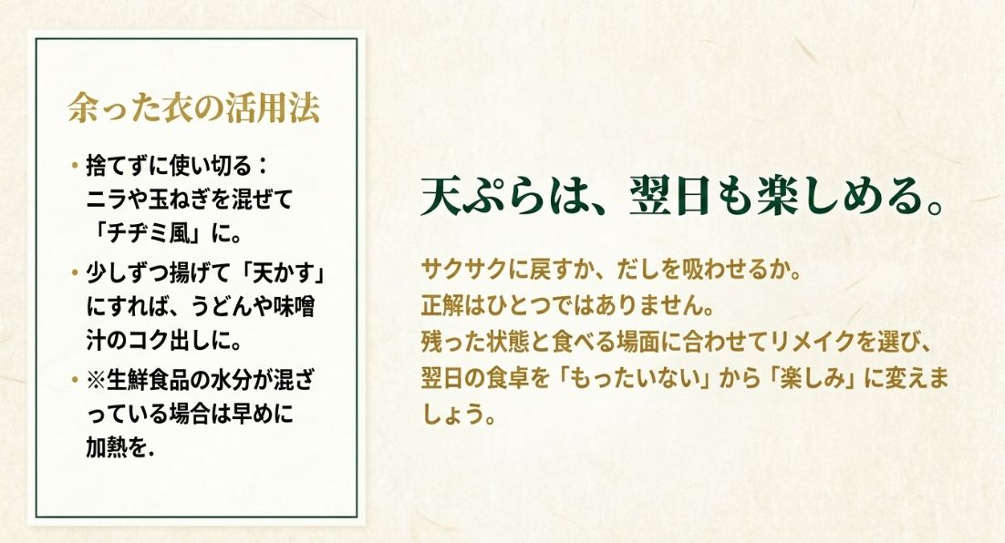 余った衣をチヂミや天かすにする活用法と、「天ぷらは、翌日も楽しめる。」という記事のまとめメッセージ