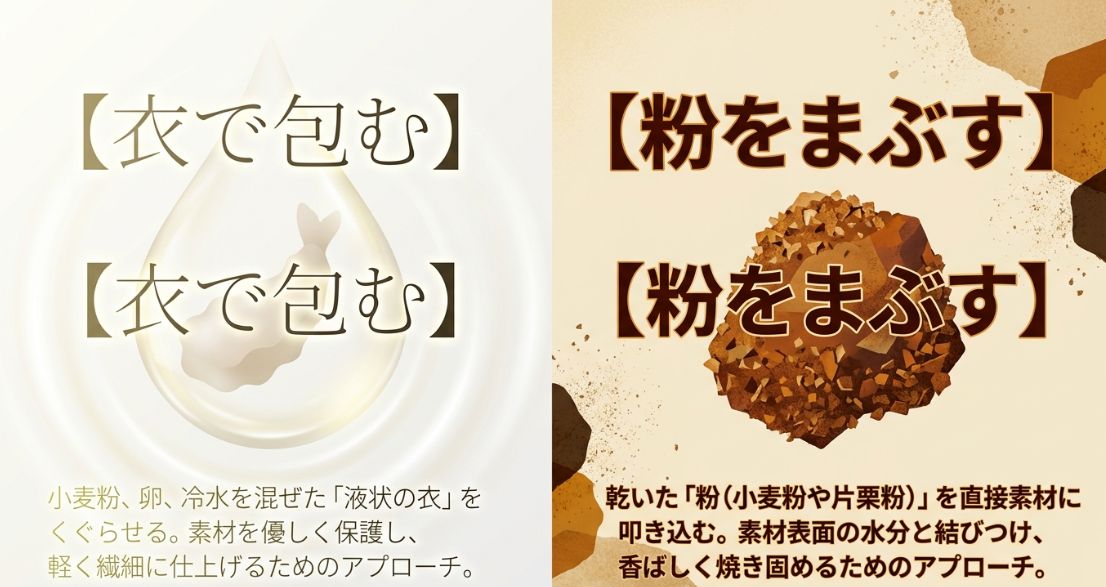 液状の衣にくぐらせる天ぷらと、乾いた粉を直接叩き込む唐揚げのアプローチの違い