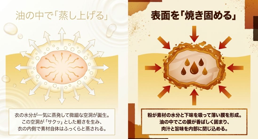 衣の空洞でふっくら蒸し上げる天ぷらと、膜で旨味を閉じ込め焼き固める唐揚げの比較図解