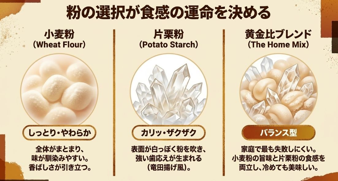 小麦粉、片栗粉、およびそのブレンドが、しっとり感やカリカリ感に与える影響の比較表