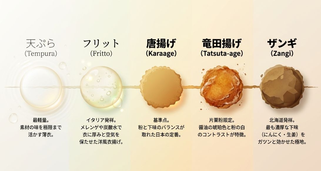 天ぷら、フリット、唐揚げ、竜田揚げ、ザンギの衣や味付けの特徴を比較した図