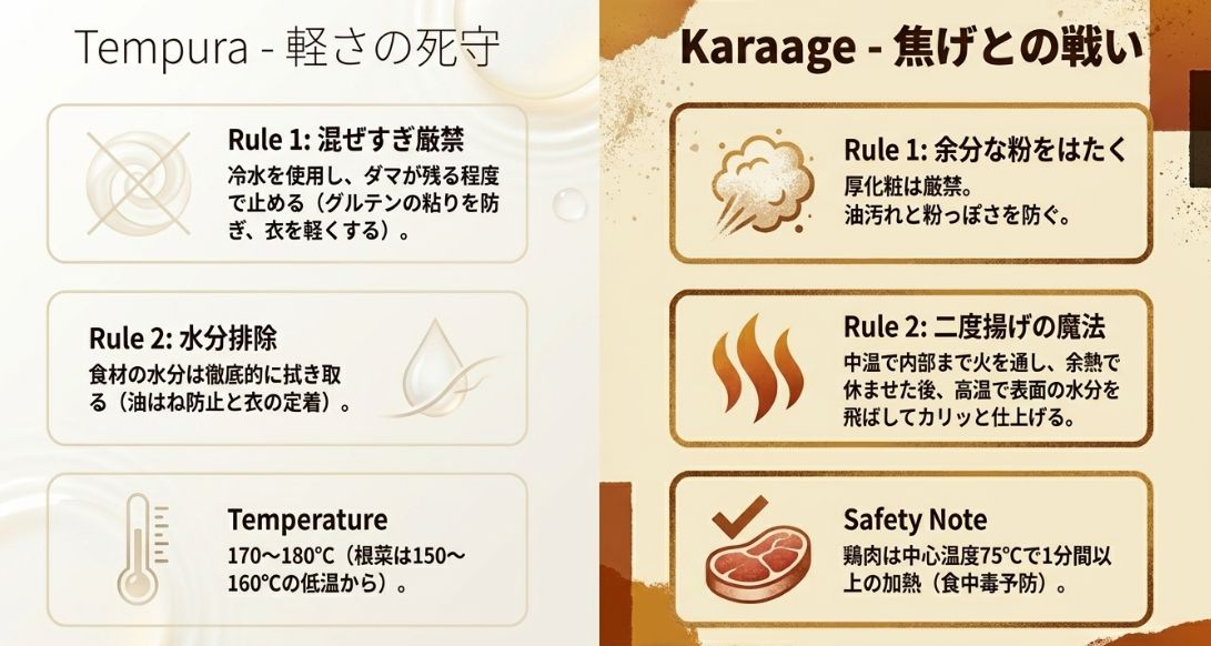 天ぷらの混ぜすぎ厳禁ルール、唐揚げの二度揚げの魔法、および適正温度と安全基準のまとめ