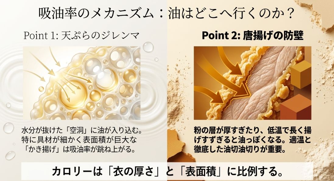 かき揚げの表面積と吸油率の関係や、衣の厚さとカロリーの関係を説明した図