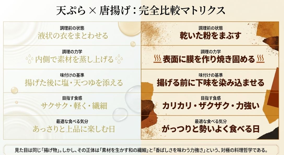 調理前の状態から力学、食感、気分まで、天ぷらと唐揚げを対極の料理哲学として比較した表