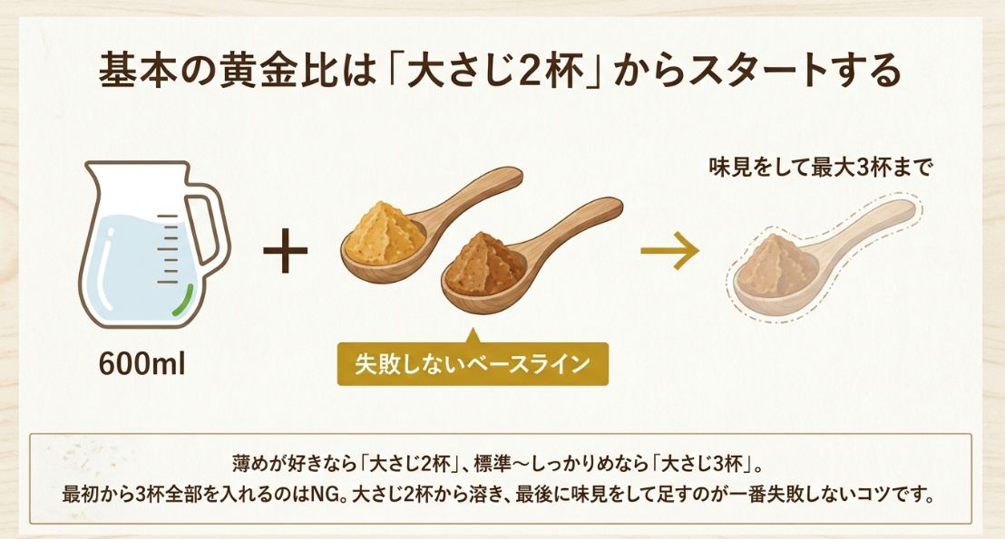 600mlの水に対して、味噌は大さじ2杯からスタートし、味見をして最大3杯まで調整することを示すイラスト