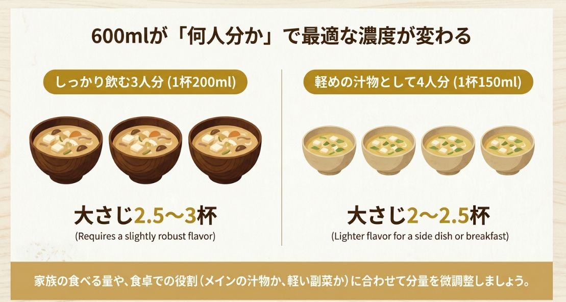 600mlをしっかり飲む3人分（大さじ2.5〜3杯）と、軽めの4人分（大さじ2〜2.5杯）に分けた場合の濃度比較図