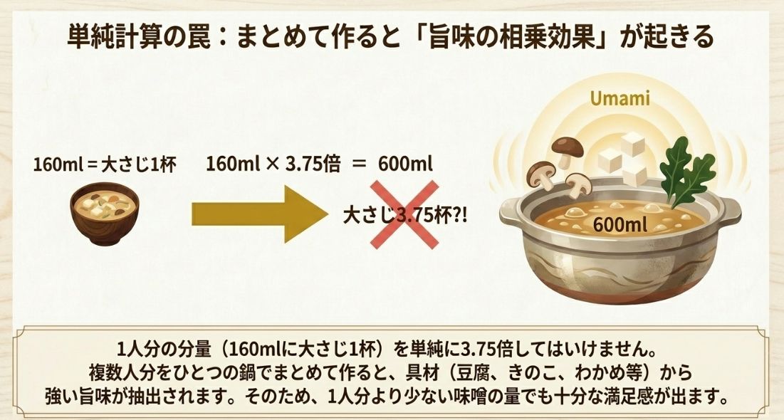1人分（160ml）を単純に3.75倍して600mlにするのではなく、まとめて作ると具材から旨味が出るため味噌の量は少なめでよいことを示す図