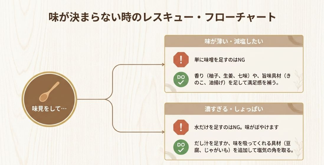 味が薄い場合は香りや旨味具材を足し、濃すぎる場合はだし汁や味を吸う具材を追加してリカバリーする手順