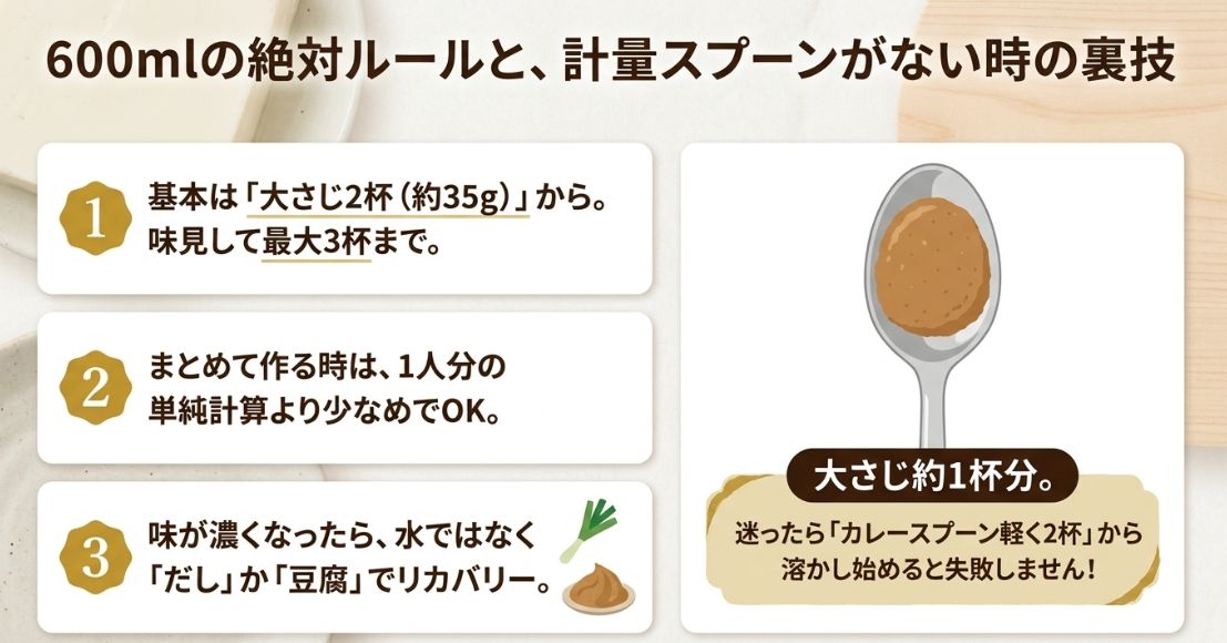 カレースプーン軽く1杯を大さじ約1杯分として代用する裏技と、味噌汁600mlを作る際の3つの絶対ルールのおさらい
