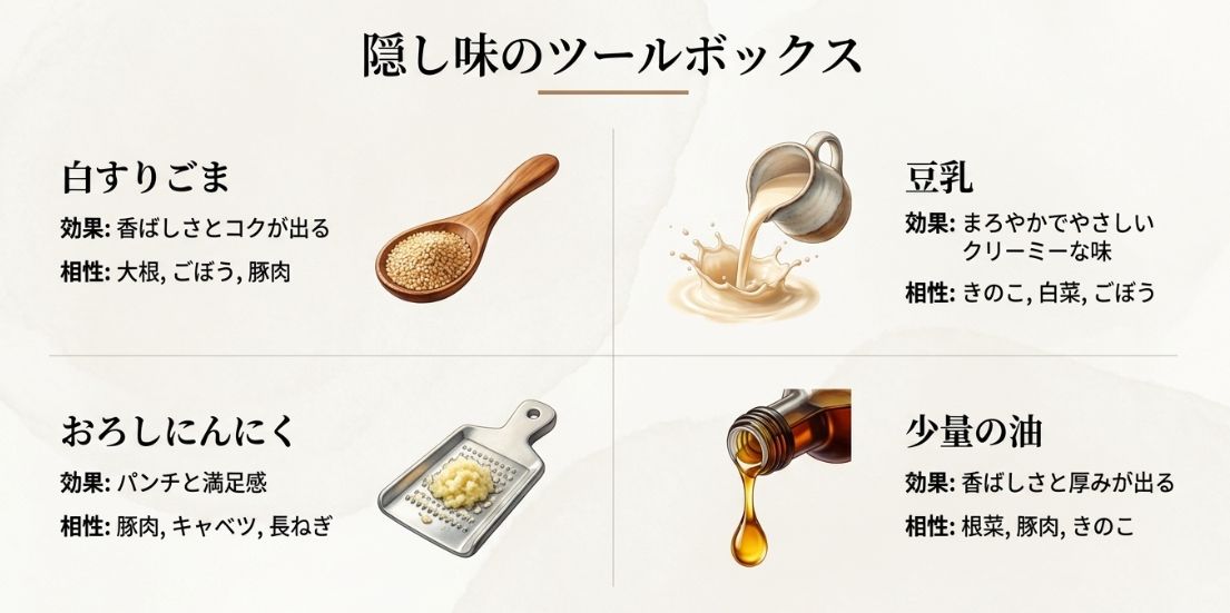 白すりごま、豆乳、おろしにんにく、少量の油という4つの隠し味の効果と、相性の良い具材をまとめた図。
