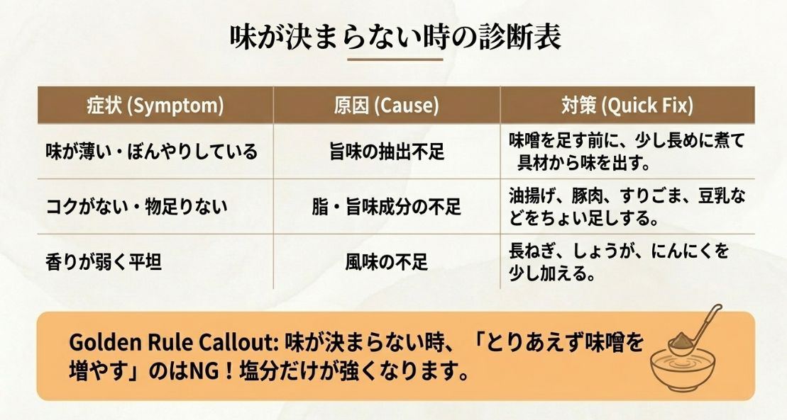 味が薄い、コクがない、香りが弱いといった症状に対する原因と対策をまとめた表。とりあえず味噌を増やすのはNGという注意書き付き。