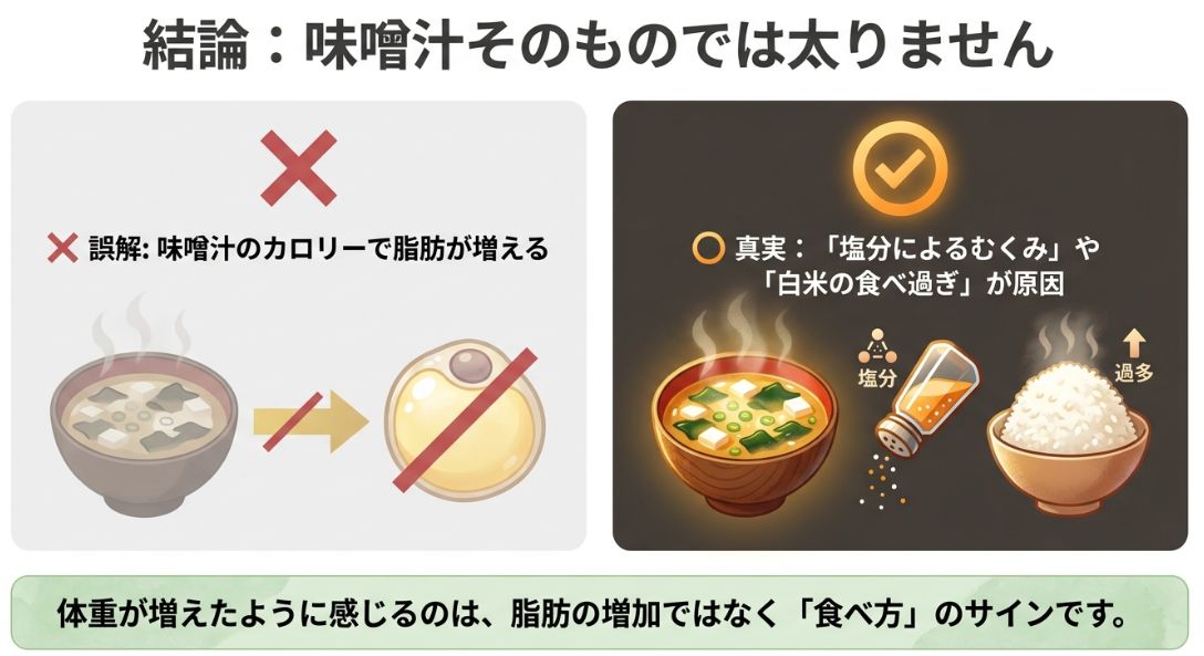 体重増加の原因は味噌汁のカロリーではなく、塩分によるむくみや白米の食べ過ぎであることを説明した図。