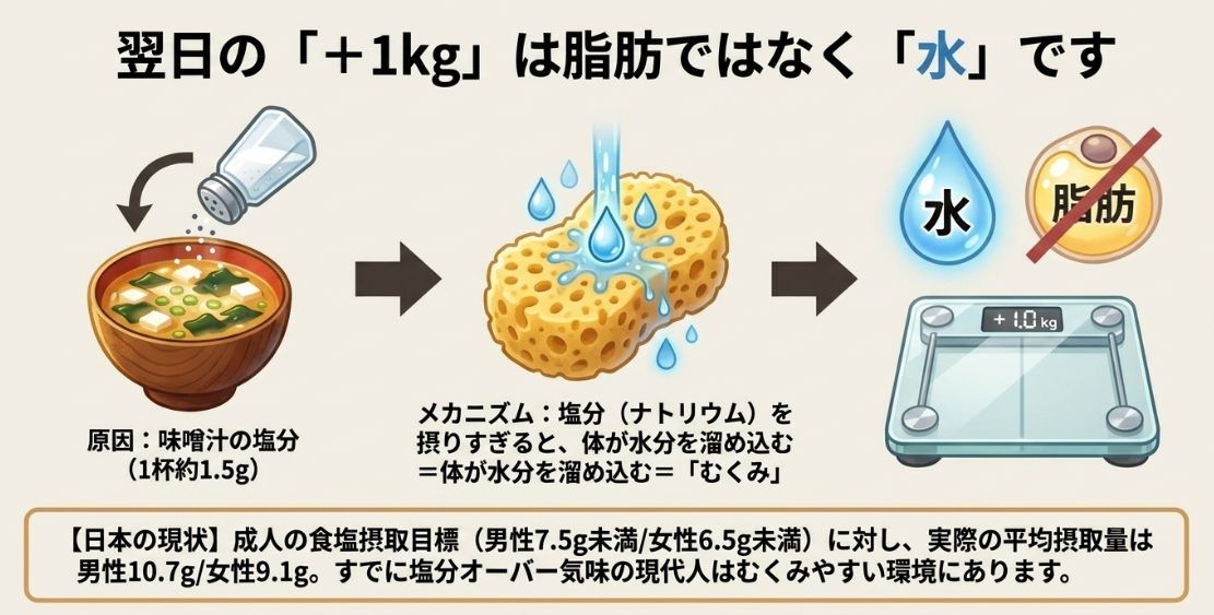 味噌汁の塩分によって体が水分を溜め込み、翌日に体重が1kg増えたように感じるむくみの仕組みを図解したもの。