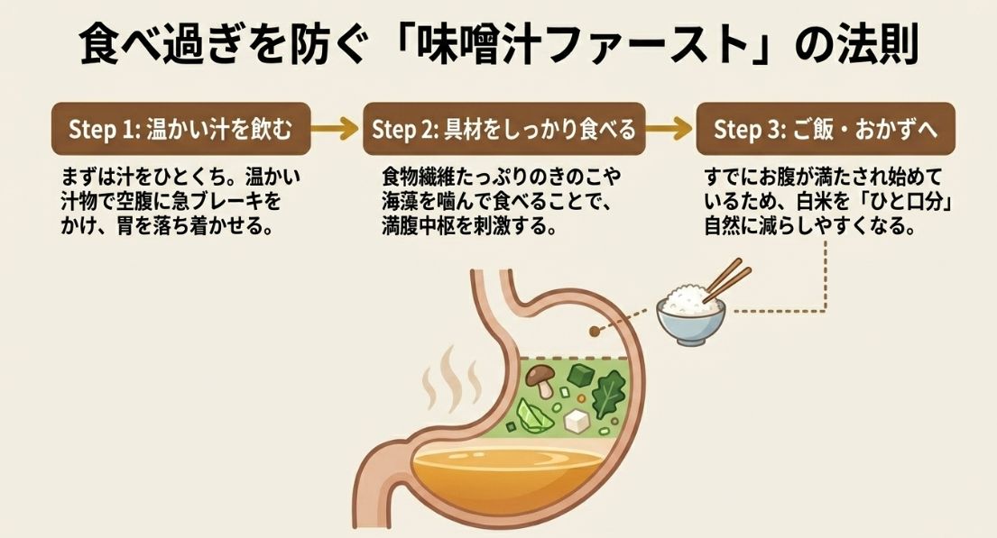 食事の最初に温かい汁を飲み、具材を食べてからご飯に進むことで食べ過ぎを防ぐ「味噌汁ファースト」の3ステップを図解したもの。