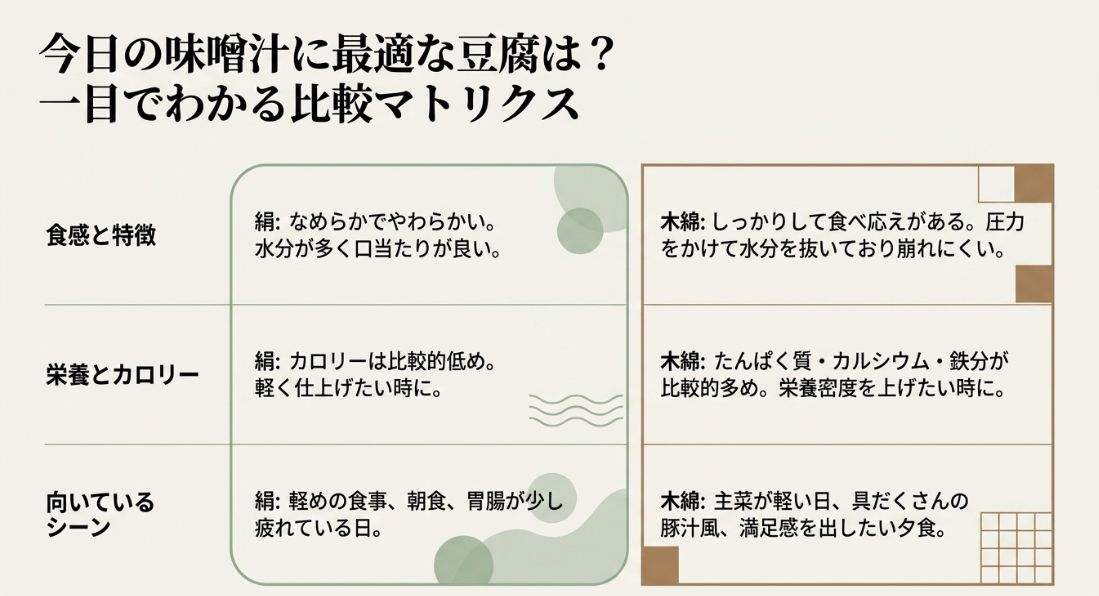 今日の味噌汁に最適な豆腐が一目でわかる比較マトリクス。絹と木綿の食感と特徴、栄養とカロリー、向いているシーンが比較されている。