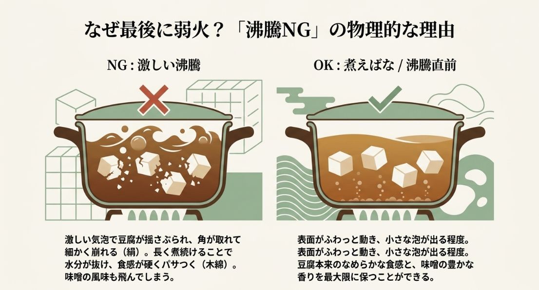 なぜ最後に弱火にするのか、沸騰NGの物理的な理由を解説したイラスト。激しい沸騰は豆腐が崩れる原因となり、表面がふわっと動く程度の煮えばなが最適とされている。