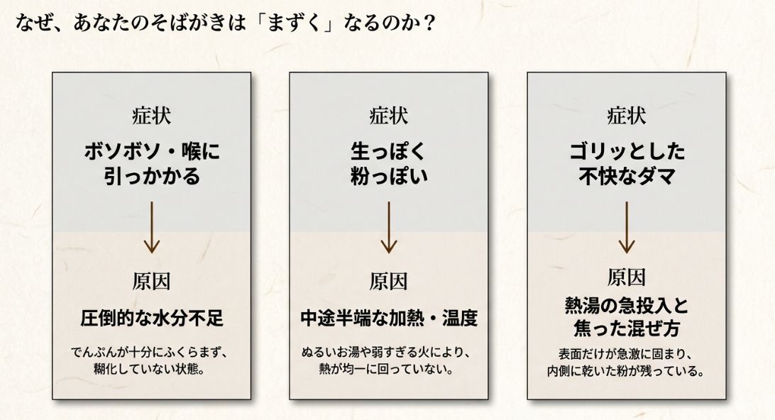 ボソボソする、粉っぽい、ダマになるという3つの症状に対し、それぞれ水分不足、中途半端な加熱、熱湯の急投入という原因があることを解説した図。