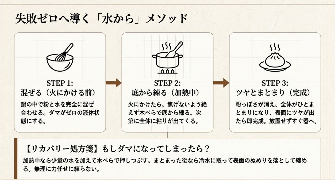 水から作る手順を「混ぜる」「底から練る」「ツヤとまとまり」の3ステップで解説し、ダマになった際のリカバリー方法も添えられた手順図。