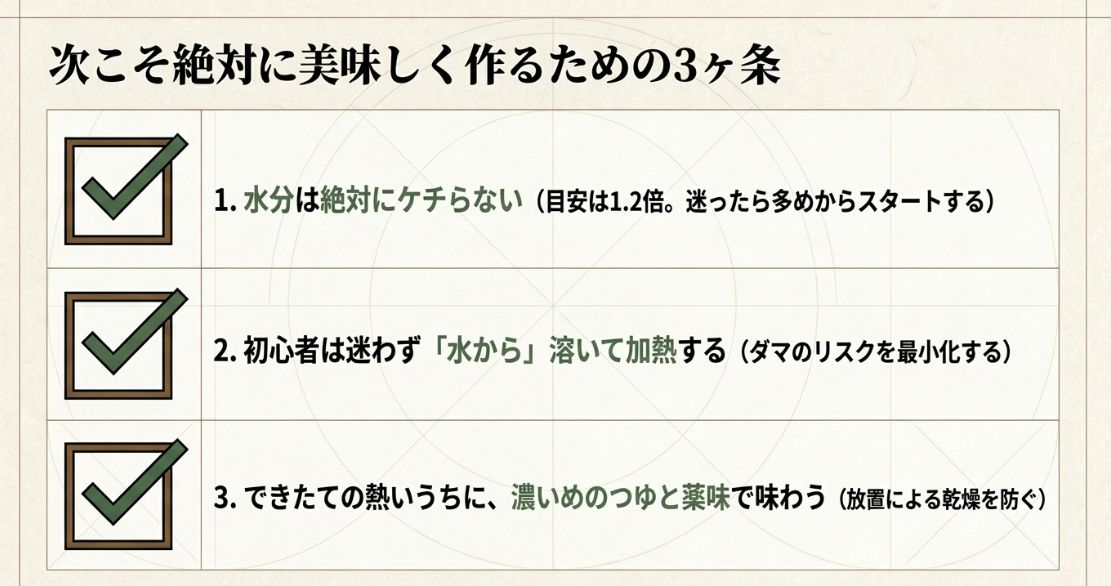 次こそ美味しく作るためのルールとして、水分をケチらないこと、初心者は水から加熱すること、熱いうちにつゆと薬味で味わうことの3ヶ条を記したまとめスライド。