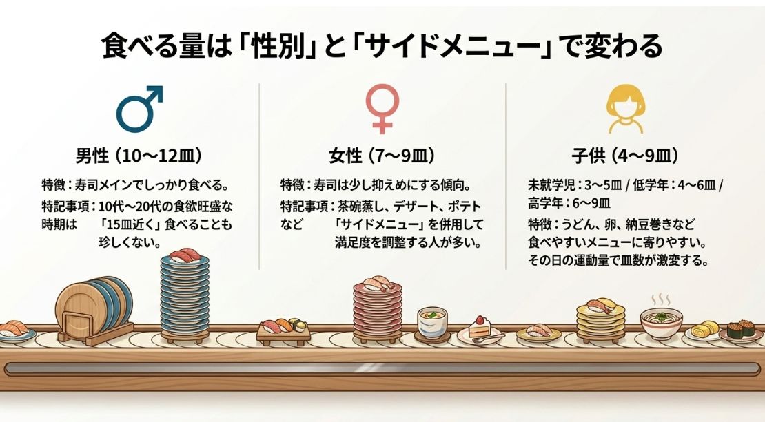 男性、女性、子供それぞれの回転寿司での平均皿数と、サイドメニューの頼み方など食べ方の特徴をまとめたイラスト