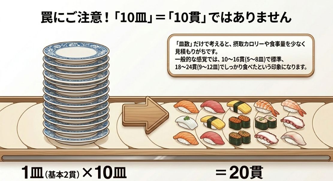 寿司10皿は10貫ではなく基本20貫であるという注意点と、貫数ごとのボリューム感を示した図
