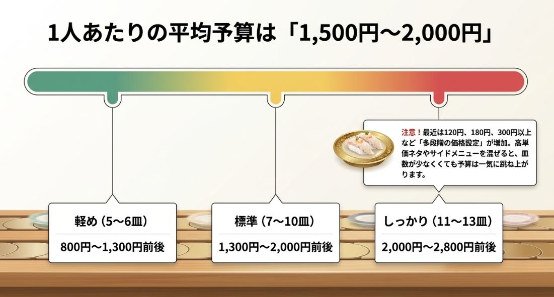 回転寿司での軽め、標準、しっかりといった食べ方に合わせた1人あたりの平均予算額と、多段階価格設定の注意点