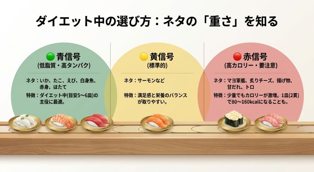 寿司ネタを低脂質・高タンパクな青信号、標準的な黄信号、高カロリーな赤信号に分けて解説した、ダイエット中の選び方