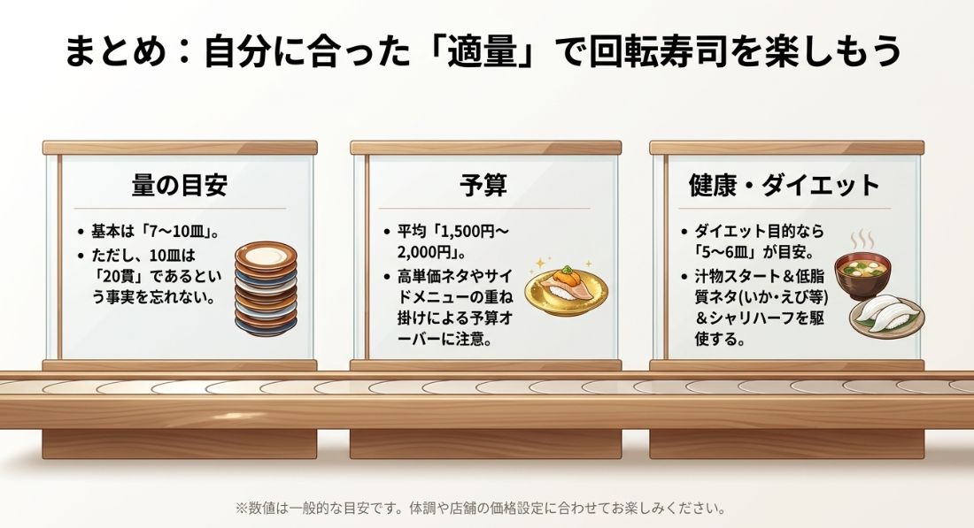 回転寿司における量の目安、予算、健康・ダイエットに関するポイントを整理した総まとめ図