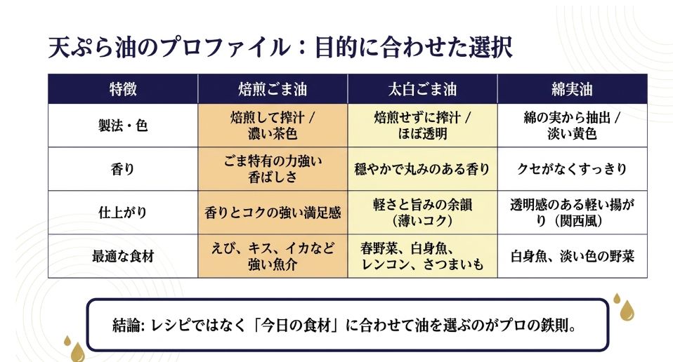 焙煎ごま油、太白ごま油、綿実油の製法・香り・最適な食材などを比較した一覧表