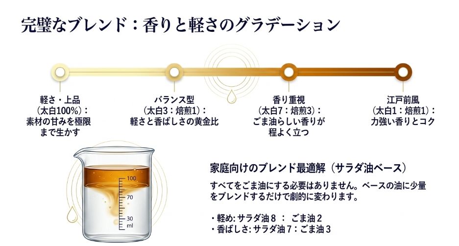 ビーカーのイラストとともに、太白ごま油と焙煎ごま油の割合や、家庭向けのブレンド比率を解説した図