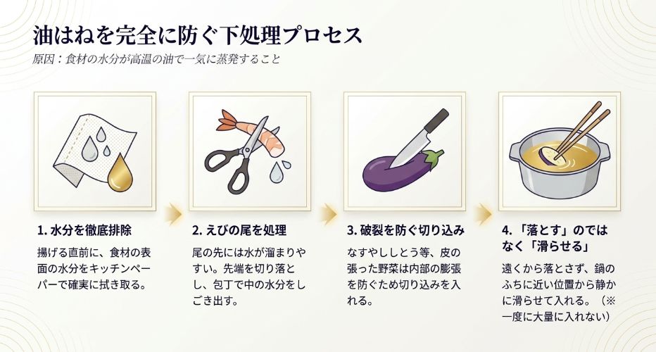 水分を拭き取る、えびの尾を切るなど、油はねの原因となる水分を防ぐための4つの下処理手順のイラスト